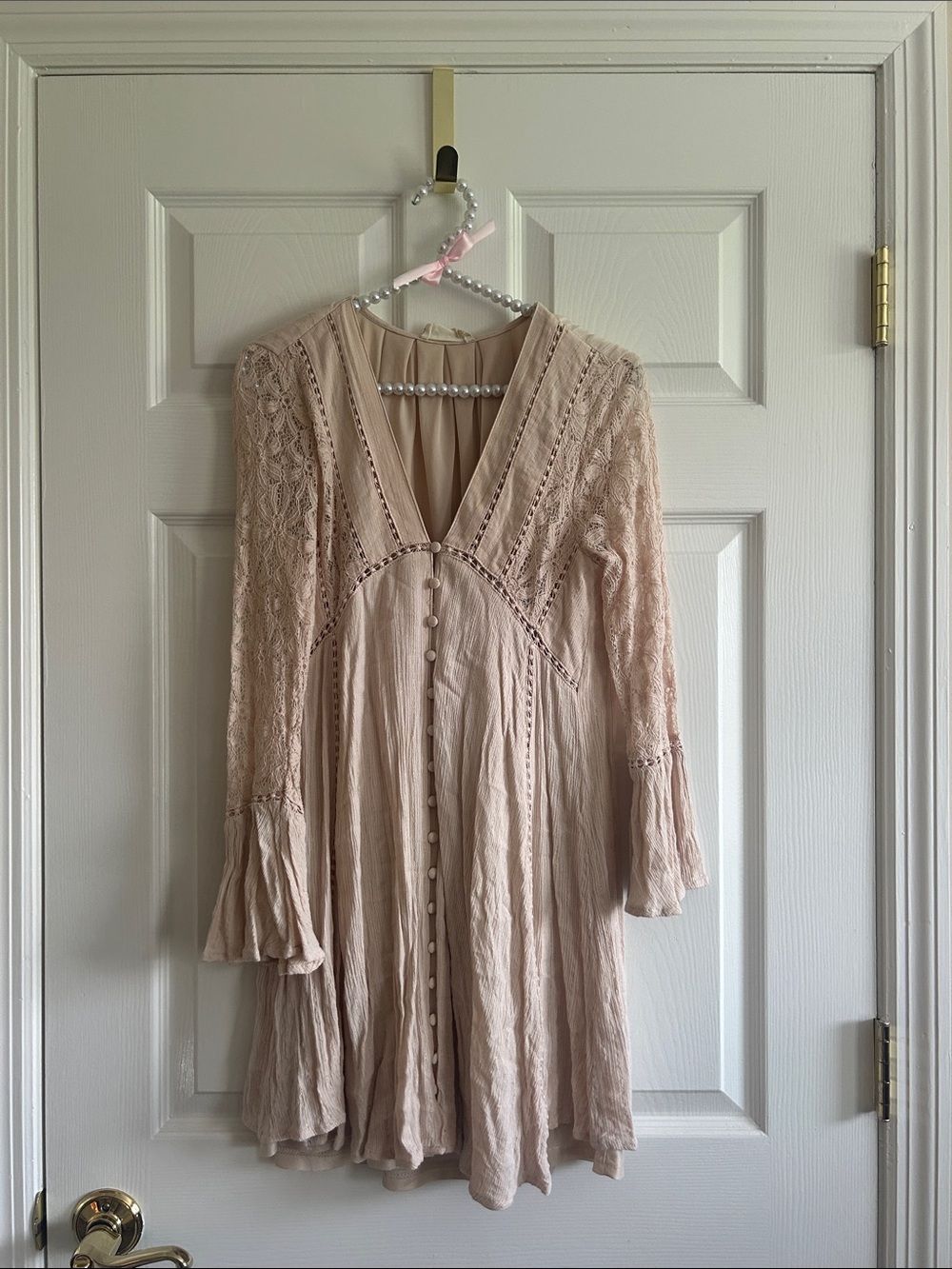 Altar'd State Blush Lace-Trim Long Sleeve Button-Front Dress
